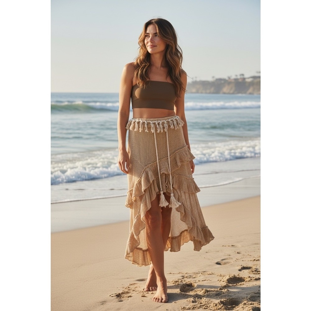 Z&L Europe Crochet High Low Maxi Skirt Womens M‎ Tan Boho Festival Beach Resort